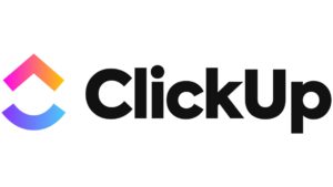 ClickUp logo with colorful upward arrow icon and bold black text on a white background.