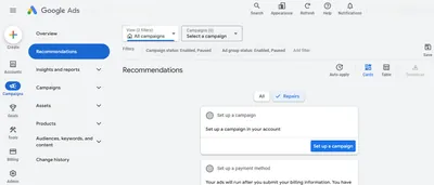 Google Ads dashboard showing campaign setup recommendations and the tools menu.