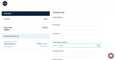 HubSpot screen showing a contact form and a summary of charges.