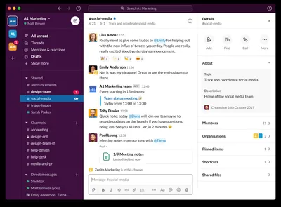 Slack channel with team messages, including meeting updates and announcements.